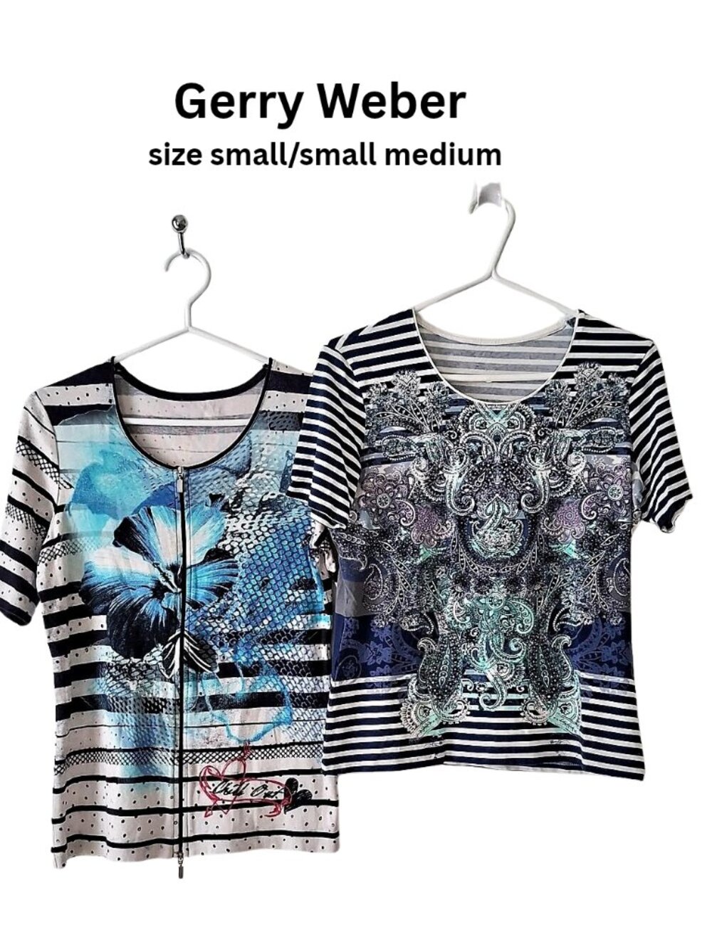 Gerry Weber Striped Short Sleeve Tops Cotton Spandex Zipper